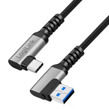 LogiLink CU0472 USB 3.2 Gen1 Type-C kábel, A/M 90° - C/M 90°, 5 Gbps, 60W, fém, ezüst/fekete, 1,5 m