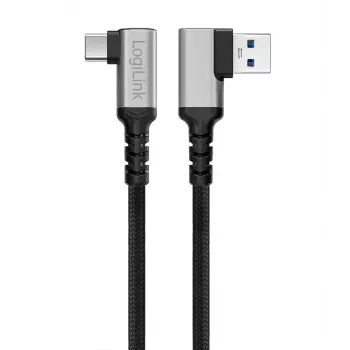 LogiLink CU0472 USB 3.2 Gen1 Type-C kábel, A/M 90° - C/M 90°, 5 Gbps, 60W, fém, ezüst/fekete, 1,5 m