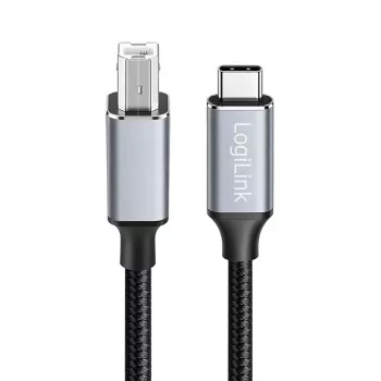 Logilink CU0516 USB 2.0 Type-C kábel, C/M–B/M, 480 Mbps, nejlon, fém, fekete/ezüst, 3 m