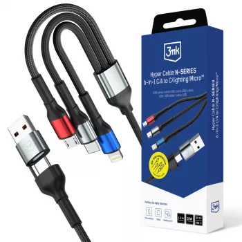 3MK Hyper Cable N-SERIES 6in1 USB-C / USB-A – USB-C / MicroUSB / Lightning kábel, QC 3.0, 18 W (9 V / 2 A), 1,2 m, fekete